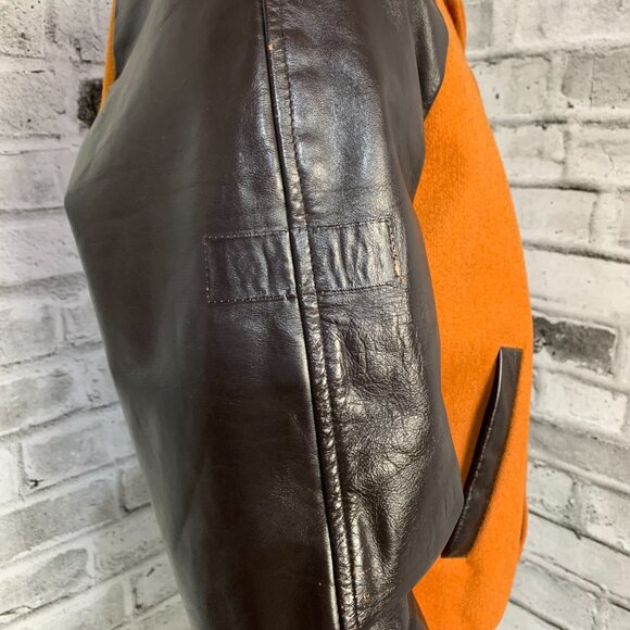 Vintage Varsity Bomber Jacket 44 Brown Wool Leather Quilt Lined Miners Union - Picture 8 of 13